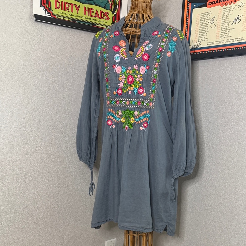 Johnny Was Blue Dress with Red Embroidery